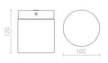 ESICA CYL valaisimen mitat: 120 mm korkeus, 100 mm halkaisija, krominen lieriönmuotoinen muotoilu kosteisiin olosuhteisiin.