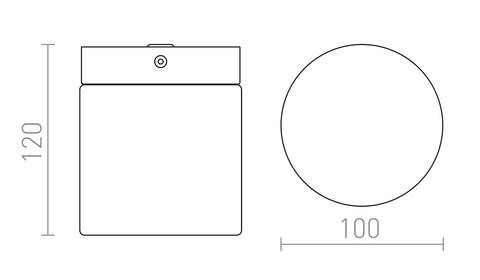 ESICA CYL valaisimen mitat: 120 mm korkeus, 100 mm halkaisija, krominen lieriönmuotoinen muotoilu kosteisiin olosuhteisiin.
