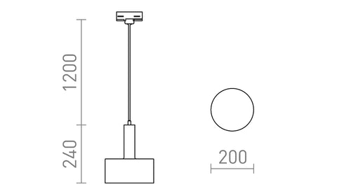 Tekninen piirros GIULIA 20 riippuvalaisimesta, jossa näkyy ripustuspituus 120 cm ja varjostimen mitat, suunniteltu 3-vaihekiskoon.