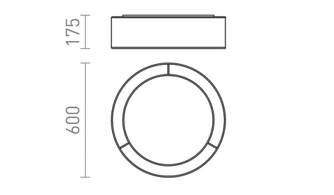 Mitat 60 cm halkaisijaltaan oleva kattovalaisin, jossa on tyylikkäät muotoiluelementit ja valkoinen sisäosa.
