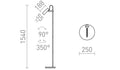 VARIA-lattiavalaisimen tekninen piirros, mitat: korkeus 1540 mm, säde 250 mm, kallistuskulma 45°, kääntökulma 90°, ja käännössuunta 350°