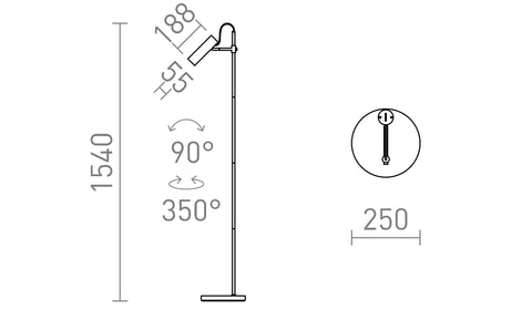 VARIA-lattiavalaisimen tekninen piirros, mitat: korkeus 1540 mm, säde 250 mm, kallistuskulma 45°, kääntökulma 90°, ja käännössuunta 350°