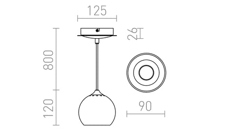 Tekniset mitat DESTY I riippuvalaisimelle, varjostimen halkaisija 90 mm, ripustuskorkeus 920 mm, GU10 kanta
