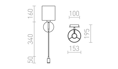 Tekninen piirros mittojen kera: korkeus 340 mm, leveys 160 mm, seinäkiinnityksen halkaisija 100 mm, hanhenkaulan pituus 50 mm.