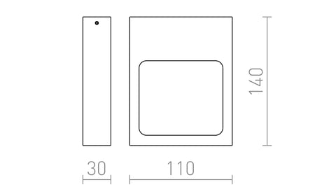 LED-seinävalaisimen tekninen piirros, tarkat mitat: 140 mm korkea ja 110 mm leveä.