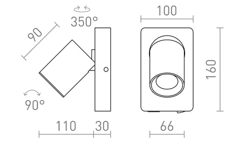 VOLTERA seinävalaisimen tekniset mitat, 110 mm leveys, 160 mm korkeus, 66 mm syvyys