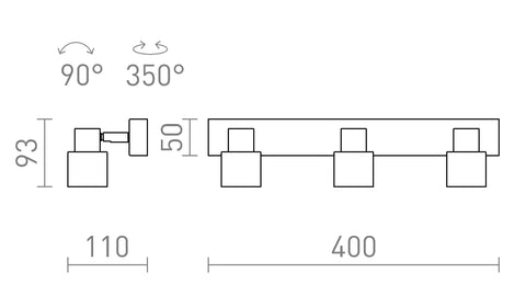 VALTO III spotlightin tekninen piirros, mitat: leveys 400 mm, korkeus 93 mm, kääntökulma 90°, käännössuunta 350°