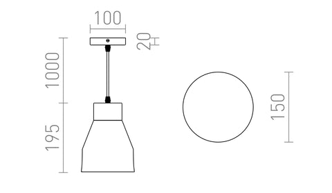 FRUTTI vihreä riippuvalaisin mittakaaviokuva – Tekninen kaavio FRUTTI riippuvalaisimesta, jossa näkyy valaisimen korkeus (195 mm), halkaisija (150 mm), ja ripustuksen pituus (1000 mm), sekä valaisimen kiinnitysratkaisut.