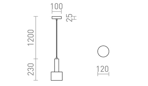 Tekninen piirros riippuvalaisimesta, jossa näkyy ripustuspituus 120 cm ja metallinen pyöreä varjostin, asennus yksityiskohtineen.