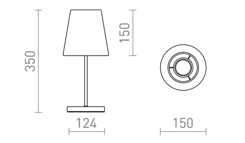 NYC/CONNY 15/15 pöytävalaisimen mittakaaviokuva – Näyttää pöytävalaisimen tarkat mitat (korkeus 350 mm)), mikä auttaa asiakasta arvioimaan sen kokoa.
