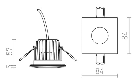 WATERBOY SQ LED-valaisimen tekninen piirustus, jossa näkyvät valaisimen mitat 84x84 mm, upotussyvyys 57 mm.
