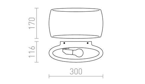 Tekninen piirros: mitat leveys 300 mm, korkeus 170 mm, syvyys 116 mm