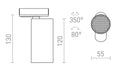 Kohdevalaisimen mittakaava, piirros näyttää mitat: korkeus 130 mm ja leveys 55 mm.