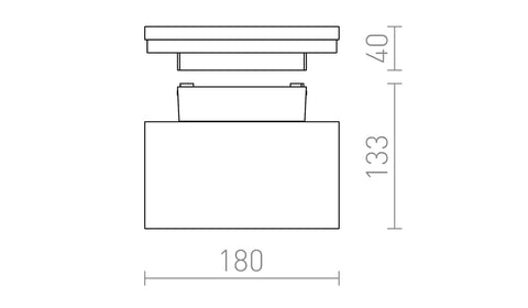 XYLO-ulkovalaisimen tekninen piirros ja mitat (korkeus 133 mm, leveys 180 mm, yläosan korkeus 40 mm)