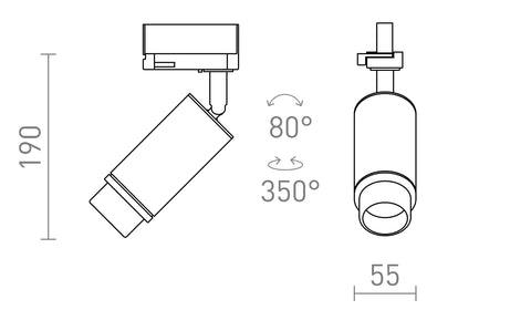 OPTIMUS 3-vaihekiskovalaisimen mittakaaviokuva – Näyttää valaisimen tarkat mitat (190 mm korkeus, 55 mm halkaisija), auttaen asiakasta arvioimaan sen kokoa.
