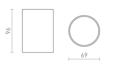 Kattovalaisimen mittakaavio, esitettynä sekä edestä että ylhäältä katsottuna, mitat 96 mm korkea ja 69 mm halkaisija.