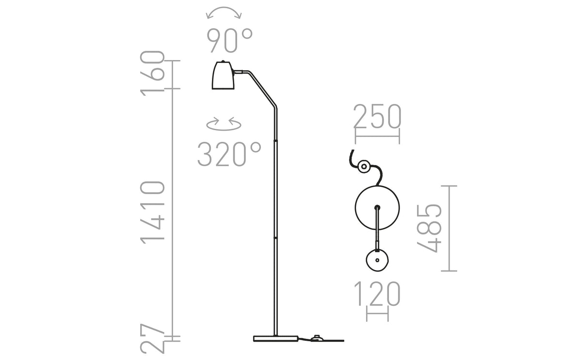 Rendl PRAGMA FLOOR E27-golvlampa, svart/krom – måttskiss