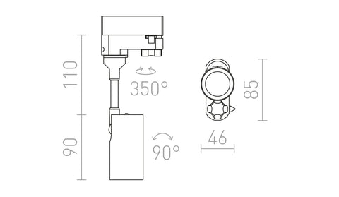 LOLLIPOP 3-vaihekiskovalaisimen mittapiirros, 350° kierto ja 90° kallistuskulma.