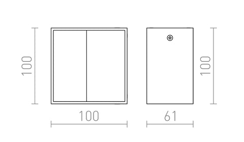 Tekniset mitat DIDO seinävalaisimelle, kulmikas muoto, korkeus 100 mm, leveys 100 mm, syvyys 61 mm