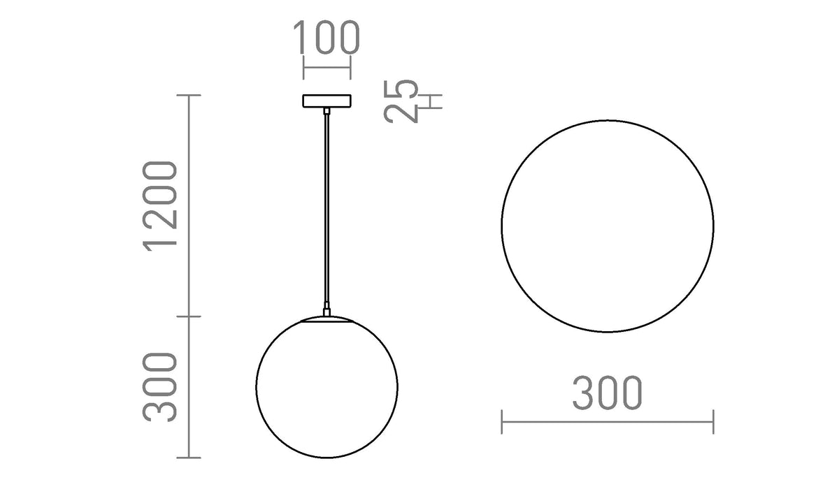 Rendl LUNA 30 E27-pendellampa, opalglas/krom – måttskiss