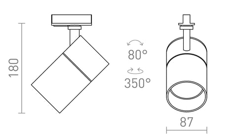 WISH 30 -kohdevalaisimen tekninen piirros ja mitat (korkeus 180 mm, halkaisija 87 mm)
