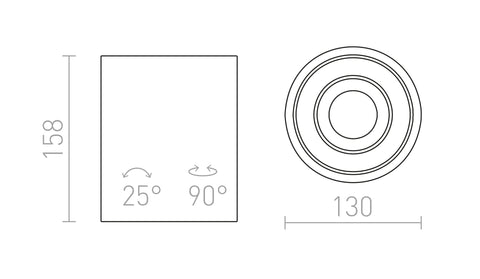 COLES kattovalaisimen mitat, 25° kallistuskulma ja 130 mm leveys