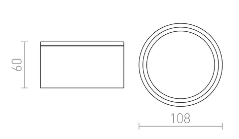 MERIDO ulkokattovalaisimen mittakuva, halkaisija 108 mm, IP54-suojaus.