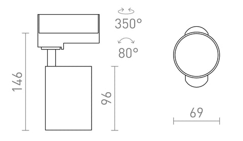 Musta CONNOR 3-vaihekiskovalaisin tekninen piirros, jossa esitetty mitat: 146 mm korkeus, 96 mm leveys, ja 69 mm syvyys. Valaisimen kallistuskulma 80° ja kääntösäde 350°.