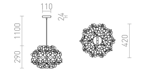 CONFETTI-riippuvalaisimen tekniset piirustukset, valaisimen halkaisija 420 mm, ripustuspituus 1100 mm. Piirustukset esittävät valaisimen tarkat mitat ja ripustusominaisuudet.