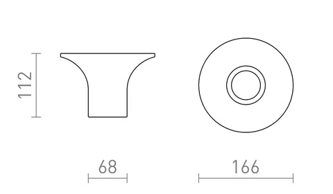 COLIN-kattovalaisimen tekniset piirustukset, mitat 112 mm korkeutta, 68 mm pohjan halkaisija ja 166 mm leveys. Piirustukset kuvaavat valaisimen tarkat mitat ja asennusohjeet