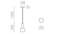 Riippuvalaisimen tekninen piirros, jossa näkyy ripustuspituus 120 cm ja valaisimen pyöreä metallirakenne.