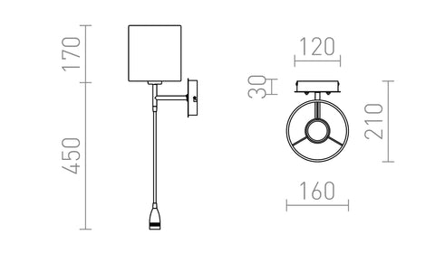 Tekninen piirustus VERSINA seinävalaisimen mitoista (korkeus 450 mm, leveys 160 mm)