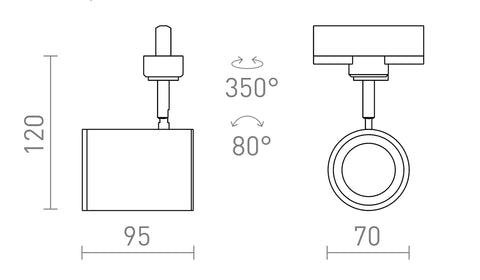 CADENZA 3-vaihekiskovalaisimen mitat, LED GU10 10W, tarkka ja kompakti kohdevalaisin.