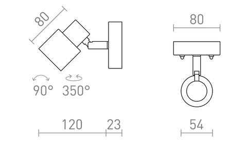 VALTO I spotlightin tekninen piirros, mitat: leveys 120 mm, korkeus 80 mm, kääntökulma 90°, käännössuunta 350°