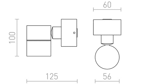 MICO I ulkovalaisimen mittakuva, 125 mm syvyys, 60 mm halkaisija, yksisuuntainen valaisin.